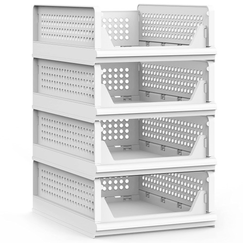 UAK 4 Pack Stackable Plastic Storage Basket for Closet Wardrobe Organizer and Storage Bin Sweater Drawer Shelf Storage Container for Cupboard Kitchen Bathroom Office (4S)