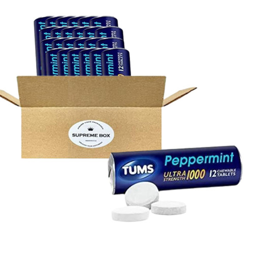 SUPREME BOX TUMS Antacid Chewable Tablets for Heartburn Relief Ultra Strength Peppermint - Pack of 24