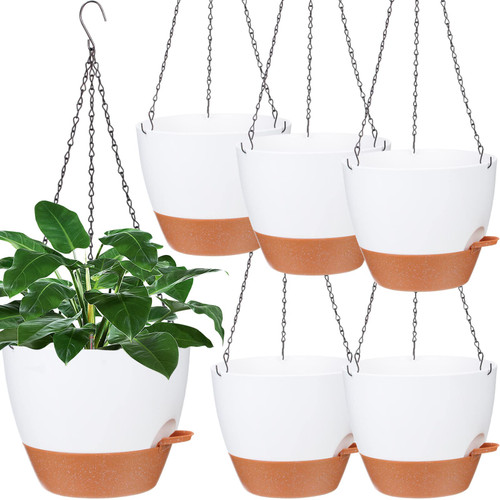 meekoo 6 Pcs 10 Inch Hanging Planter Indoor Outdoor Self Watering Hanging Pots with Drainage Holes Removable Tray Hanging Plastic Flower Plant Pots Hanging Baskets Holder Plants for Garden (White)