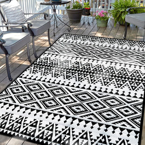 DiiKoo Outdoor Rug Plastic Straw for Patio, Carpet Area 6x9ft RV Camping Waterproof Mat, Deck Porch Balcony Large mats, Reversible Outside Portable Camper, Black & White, Bohemia