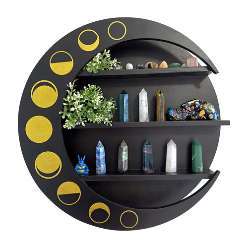 Ella & Emma Crescent Moon Shelf - Moon Wall Decor, Crystal Display Shelf, Hanging Shelf Display, Wooden Moon Shelf, Shelves for Bedroom Aesthetic, Witchy Decor Aesthetic, Wood Shelves - Black
