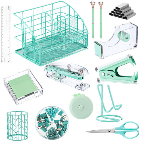 14 Desk Accessories Kit Include Stapler, Staple Remover, Pen Holder, Note Box, Metal Mesh Organizer, Phone Holder, Staples, Scissors, Binder Clips, Tape Measure, 2 Pens, Ruler (Green)