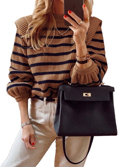 PRETTYGARDEN Women's Sweaters Casual Long Lantern Sleeve Crewneck Ribbed Knit Pullover Striped Jumper Tops Blouse (Brown,Large)