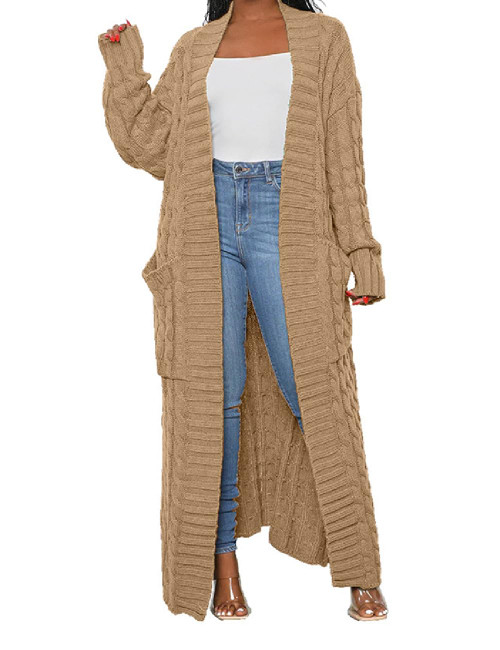 HRESSLBD Fashion Solid Color Long Sleeve Cardigan Sweater, Women Cable Knit Cardigan Long Sleeve Plain Casual Open Front Knitwear Duster Cardigan Sweater Coat, Coat Cardigan (Khaki, M)