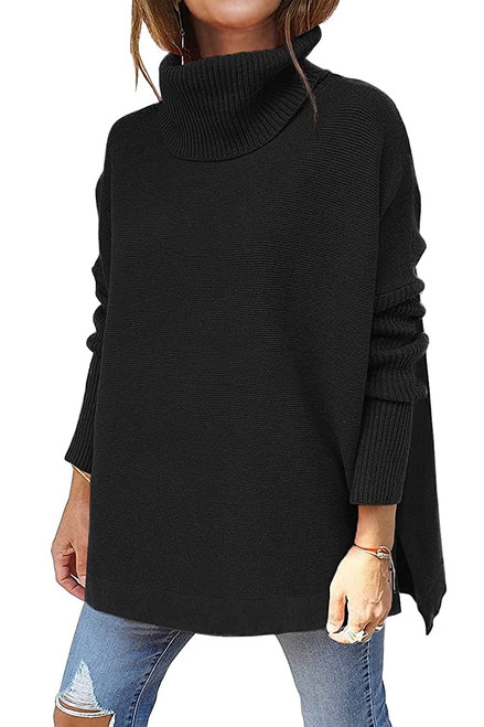 LILLUSORY Pullover Sweaters for Women Turtleneck Oversized 2023 Long Batwing Sleeve Spilt Hem Tunic Sweater Knit Tops Black