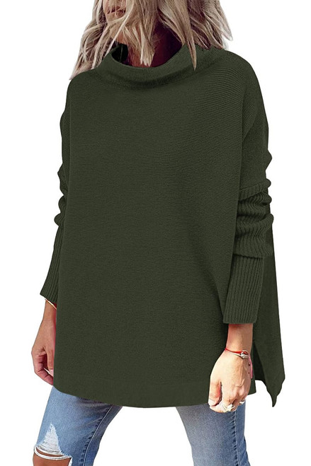 LILLUSORY Women's Pullover Sweater Knit Mock Turtleneck Tunic Tops Oversized Long Batwing Sleeve Split Hem Ribbed Trendy Clothes Army Green