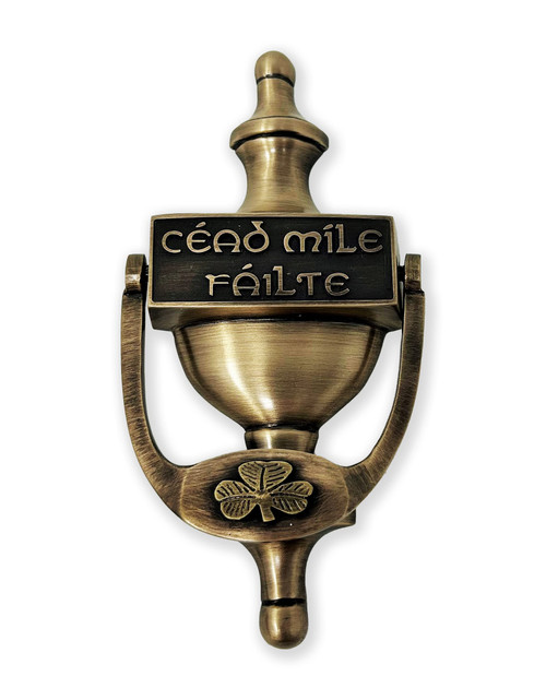 Exclusively Irish Door Knocker for Front Door Shamrock - Cead Mile Failte Brass Knocker 8" Ireland Welcome Gift (Antique Brass)