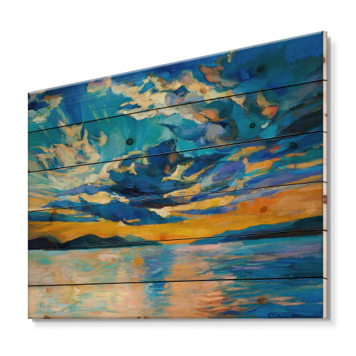 DesignQ Cloudy Wide Open Sunset Over Ocean Horizon Nautical & Coastal Wood Wall Decor, Blue Wood Wall Art, Large Beach Wood Wall Panels Printed On Natural Pine Wood Art