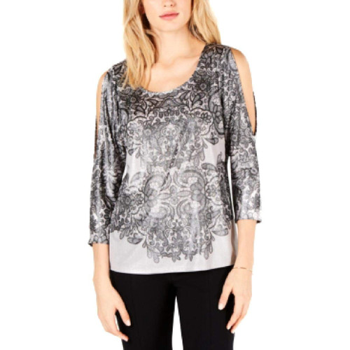 I-N-C Womens Liquid Cold Shoulder Pullover Blouse, Metallic, Medium