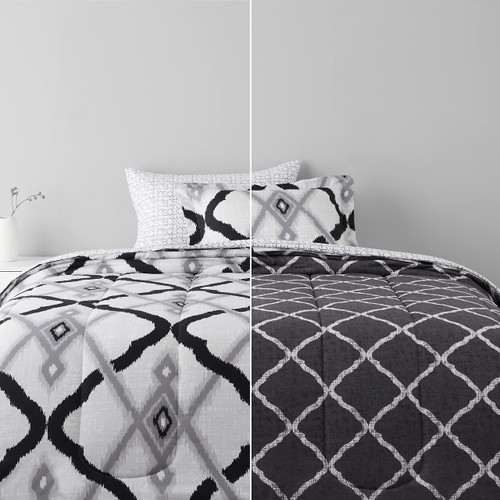 Amazon Basics Ultra-Soft Lightweight Microfiber Reversible Comforter Bed-in-a-Bag 5-Piece Set, Twin/Twin XL, Black Mosaic