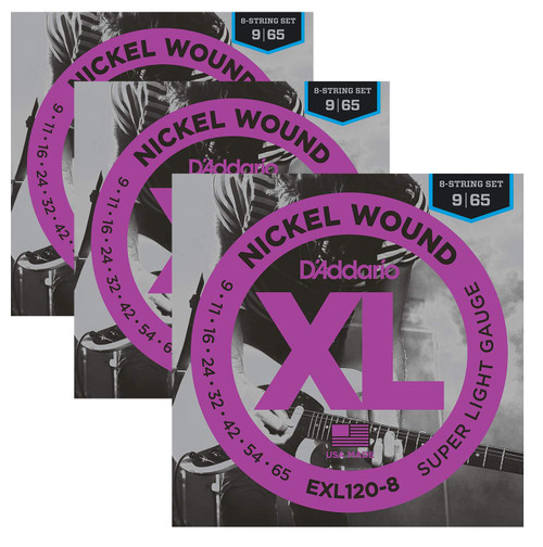 3 Pack D'Addario EXL120-8 Super Light 8 String electric guitar strings