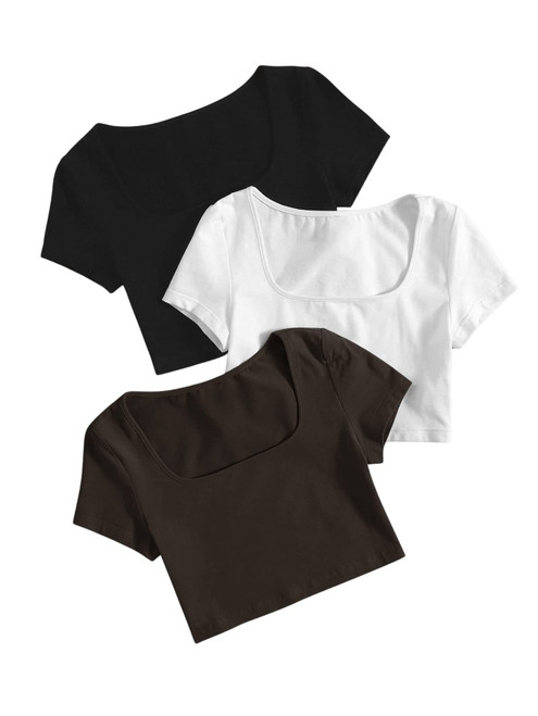 SweatyRocks Women's Short Sleeve Scoop Neck Crop Tee Basic Fitted Plain Crop T Shirt Top Pack of 3 Black White Brown S