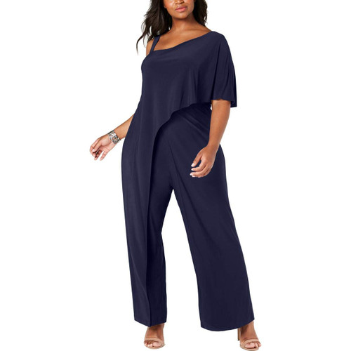 R&M Richards Womens Plus One Shoulder Asymmetric Jumpsuit Navy 22W