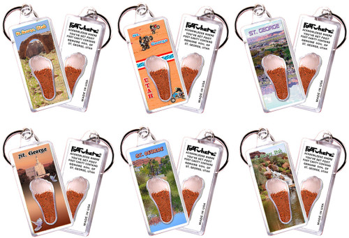 FootWhere St. George, UT Souvenir Keychains. 6 Piece Set. Made in USA