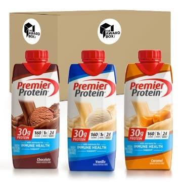Premier Protein High Protein Shake Variety Pack Sampler, 11 Fl Oz Each, Chocolate, Vanilla, Caramel, 4 of Each Flavor (12 Pack) in The Award Box Packaging