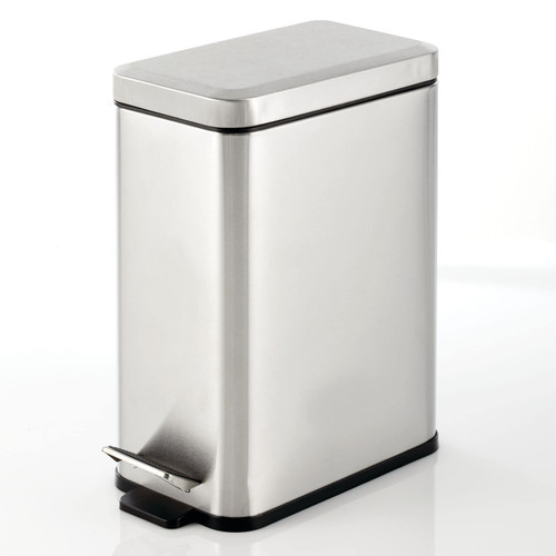 mDesign Slim Metal Rectangle 2.6 Gallon Trash Can with Step Pedal, Easy-Close Lid, Removable Liner - Narrow Wastebasket Garbage Container Bin for Bathroom, Bedroom, Kitchen, Office - Brushed Chrome