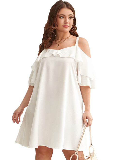 SOLY HUX Women's Plus Size Cold Shoulder Ruffle Trim Half Sleeve Casual Short Dress White 2XL
