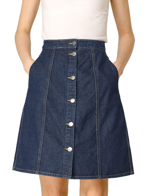 Allegra K Women's Denim Skirts Short Button Down Jeans Skirt X-Large Navy Blue