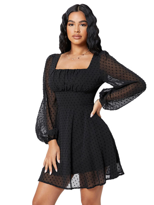 WDIRARA Women's Polka Dots Mesh Square Neck Bishop Long Sleeve Dress Black Petite M