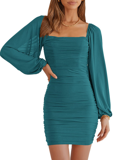 ANRABESS Women's Square Neck Mesh Long Sleeve Ruched Bodycon Mini Dress Party Club Cocktail Short Dresses s 642hulan-S ANRABESS Women's Square Neck Mesh Long Sleeve Ruched Bodycon Mini Dress Party Club Cocktail Short Dresses s 642hulan-S