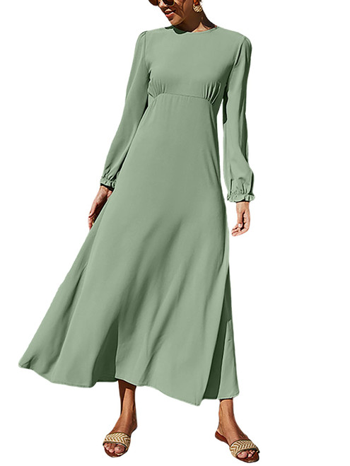 Rooscier Women's Ruffle Long Sleeve Empire Waist A Line Swing Flowy Long Maxi Dress Solid Green Medium