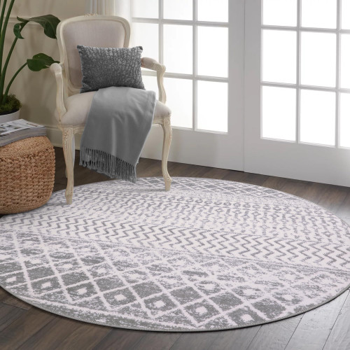 Nailttos Moroccan Washable Round Rug, 4ft Grey Circle Rug Non Slip with Rubber Backing, Soft Non-Shedding Neutral Area Rug Indoor Floor Carpet for Bedroom Living Room Dining Room