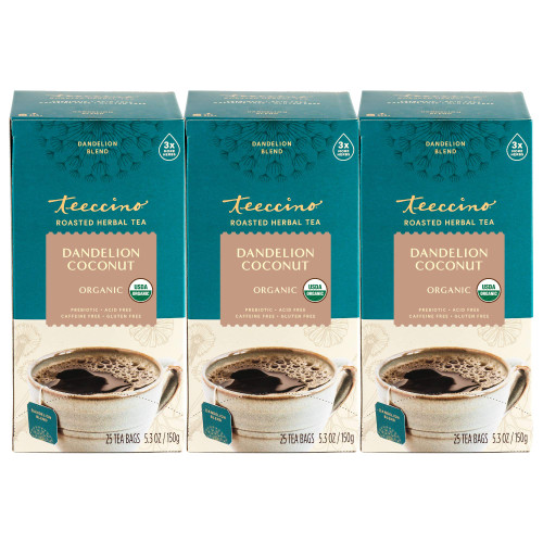 Teeccino Dandelion Coconut Tea - Caffeine Free, Roasted Herbal Tea with Prebiotics, 3x More Herbs than Regular Tea Bags, Gluten Free - 25 Tea Bags (Pack of 3)