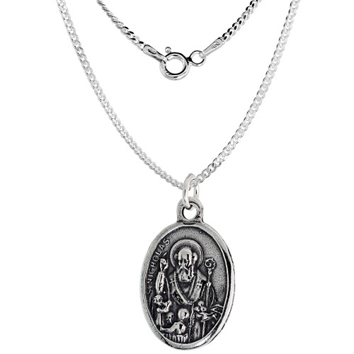 Sterling Silver St Nicholas Medal Necklace Oxidized finish Oval 18 inch CRB_50
