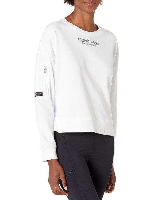 Calvin Klein Performance Women's Long Pullover with Sleeve Zip and HI-LO Hem, White, L