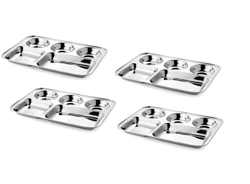 Khandekar Stainless Steel 5 Compartment Rectangular Dinner Plates, Mess Trays, Food Divided Plates, adult Lunch Plates for Daily Use - Silver, 13.5 inch (34 cm), Pack of 4