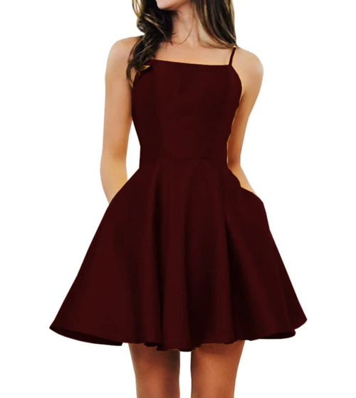 OUYAMEI Spaghetti Strap Homecoming Dresses for Teens 2023 Satin Short Junior Prom Dresses with Pockets Burgundy