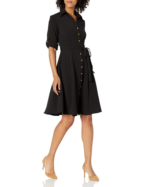 Sharagano Women's Button Front Pleated Shirt Casual Dress, Very Black, 14