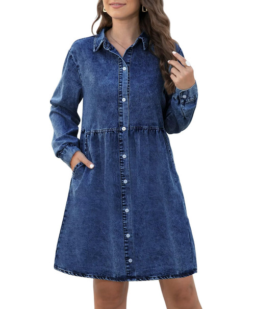 KDF Denim Dress for Women with Pockets Long Sleeve Babydoll Denim Shirt Dresses for Women 2023 Navy Blue Size Medium Size 8 Size 10