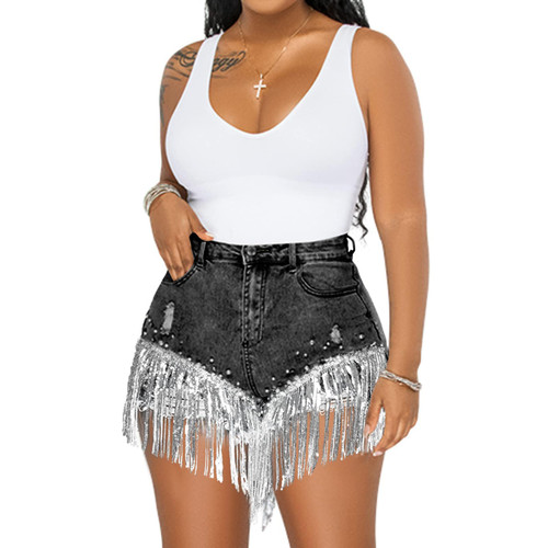 LifeShe Women's Denim Rhinestone Shorts Pearl Beaded Frayed Raw Hem Tassels Denim Shorts Mid Rise Ripped Stretchy Jean Shorts