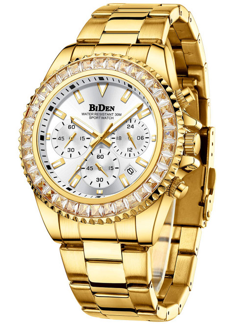 BIDEN Mens Watches Chronograph Diamond Gold Stainless Steel Waterproof Date Analog Quartz Watch Business Casual Fashion Wrist Watches for Men