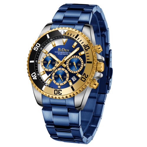 BIDEN Mens Watches Chronograph Blue Stainless Steel Waterproof Date Analog Quartz Watch Business Casual Fashion Wrist Watches for Men