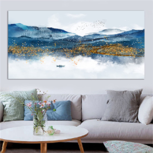Blue and Golden Mountain Landscape Wall Art Painting Modern Abstract Picture Art Vintage 70x140cm Frameless