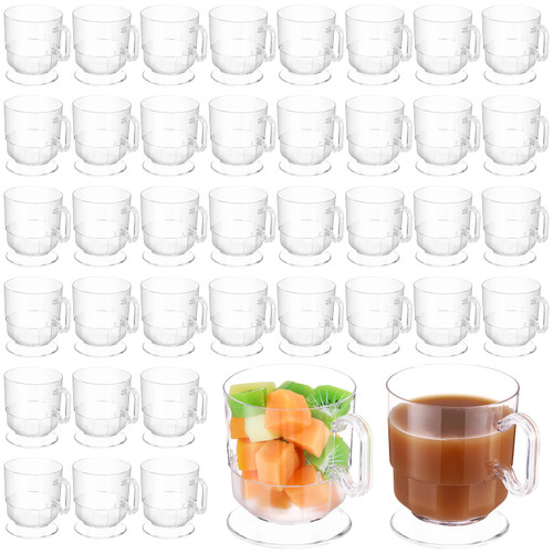 Dandat 50 Pcs Plastic Coffee Cup Coffee Mug with Handle and Footed Base 8 oz Disposable Coffee Cup Bulk Hard Plastic Tea Cup Reusable Espresso Mug for Tea Milk Drink Dessert Cafe (Clear)