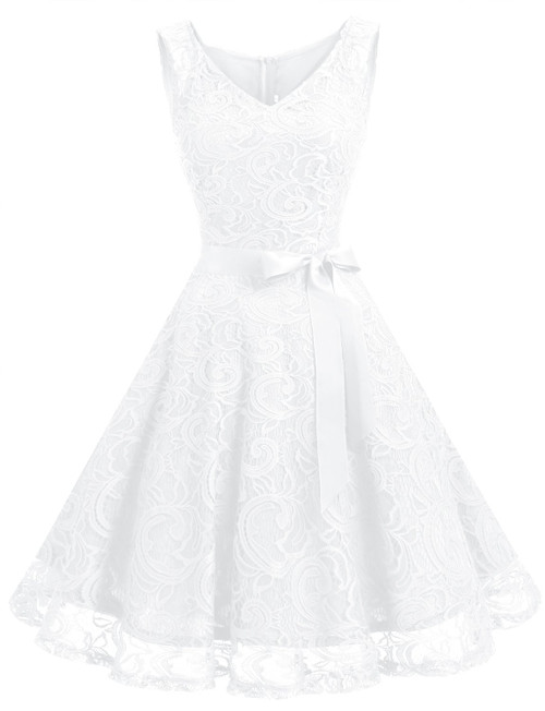 Dressystar 0010 Women Floral Lace Bridesmaid Party Dress Short Prom Dress V Neck White XXXL