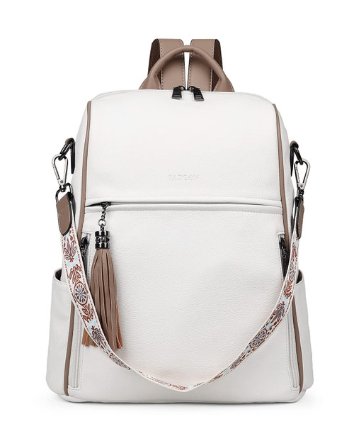 FADEON Leather Backpack Purse for Women Designer Travel Backpack Purses PU Fashion Ladies Shoulder Bag with Tassel White