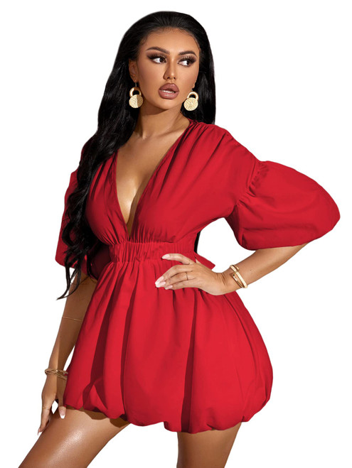 WDIRARA Women's Deep V Neck Puff Sleeve High Rise Flare Dress Elastic Waist Dress Red XS