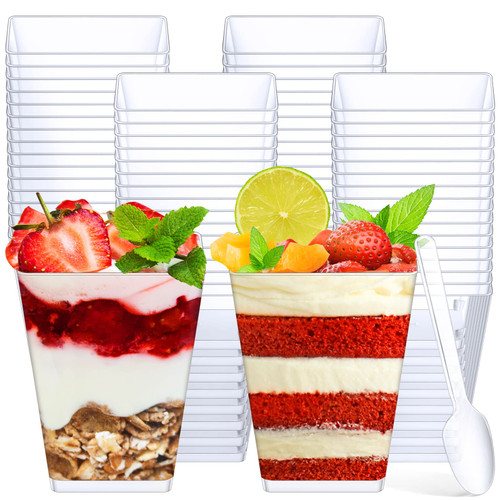 Suclain 200 Pack Dessert Cups with Spoons, Square Clear Plastic Appetizer Parfait Cups Disposable Dessert Tumbler Cups for Tasting Party Appetizers Fruit Parfait Trifle Mousse Pudding (5 Oz) Suclain 200 Pack Dessert Cups with Spoons, Square Clear Plastic Appetizer Parfait Cups Disposable Dessert Tumbler Cups for Tasting Party Appetizers Fruit Parfait Trifle Mousse Pudding (5 Oz)