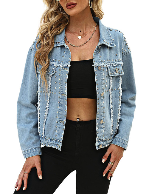 Gozoloma Women's Fashion Cropped Studded Jean Jacket Lapel Long Sleeve Button Down Short Rivet Denim Jacket Coat(0080-Blue-XXL)