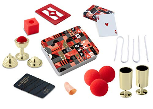 FAO Schwarz 8 Piece Toy Magic Trick Set for Kids, Easy to Learn Kit Comes with Playing Cards, Floating Card Trick, Fake Fingers, Coin and Ball Cups, & Instruction Book with 40+ Tricks, Gift Tin