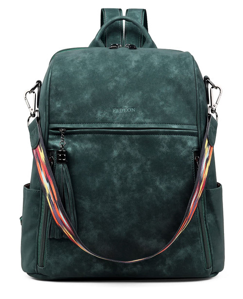 FADEON Leather Backpack Purse for Women Designer Travel Backpack Purses PU Fashion Ladies Shoulder Bag with Tassel Green