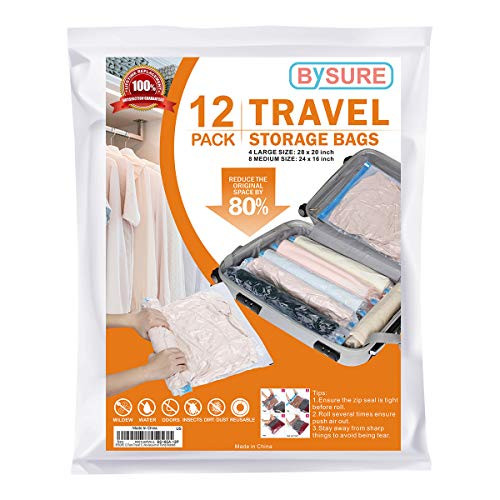 BYSURE 12 Pack Travel Space Saver Bags - Roll Up Storage Bags - Compression Storage Bags for Travel - No Vacuum or Pump Needed (4 x Large, 8 x Medium)