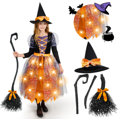 Spooktacular Creations LED Light up Witch Costume for Girls, Orange and Purple Witch Costume with Hat and Broom, Sweet Witch Costume Fantastical Designs-M