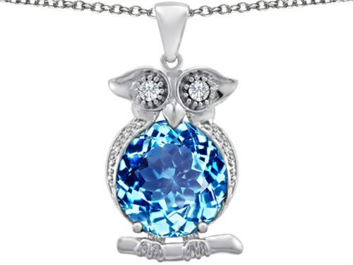 Star K Large 10mm Round Simulated Blue Topaz Good Luck Owl Pendant Necklace Sterling Silver Star K Large 10mm Round Simulated Blue Topaz Good Luck Owl Pendant Necklace Sterling Silver