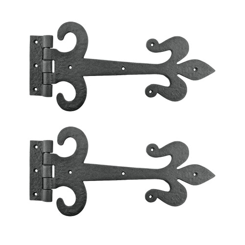 Renovators Supply Manufacturing Strap Hinge 12 in. Black Wrought Iron Fleur De Lis Style Flush Mount Heavy Duty Strap Gate and Door Hinges with Hardware Pack of 2