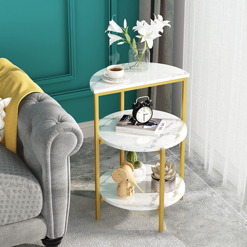 Lamerge Gold Side Table,3-Tier Round End Table, Marble Small Coffee Table w/Metal Frame,Modern Nightstand for Bedroom,Console Tables for Living Room,Foot Caps,Gold+White